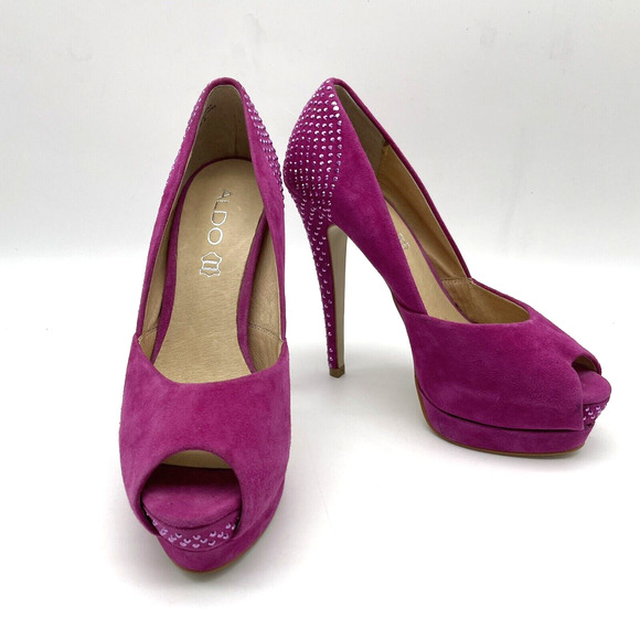 ALDO Pink Suede Peep Toe Rhinestone Embellished 5 1/4" Platform Heels 6 or 36.5 - Picture 1 of 16